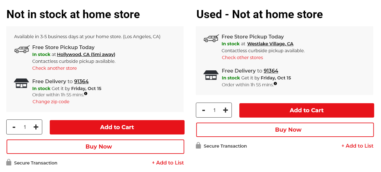 Wireframes showing Not in Stock at Home Store and Used Not at Home Store states, surfacing nearby store availability for pickup